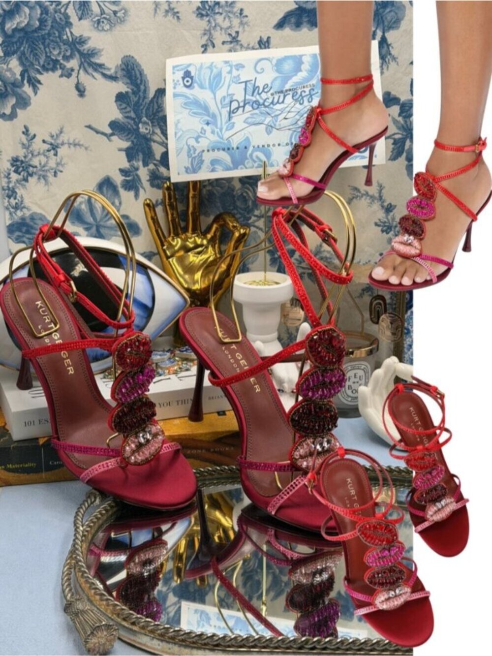 🆕 KURT GEIGER LONDON 🧿 NWOB Kurt KISS Sandal, Crystal Lips Motif - Red Satin